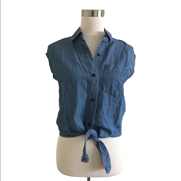 Madewell Chambray Denim Tie Knot Front Button up Top - Picture 2 of 8